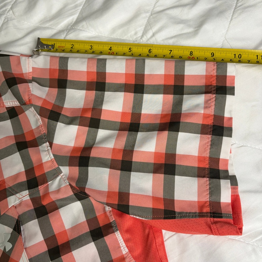 Under Armour Mens L Plaid Button Up Shirt Orange Gray HeatGear Vent Short Sleeve - Picture 13 of 13
